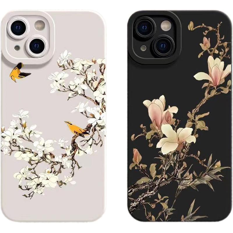 Flower and Bird Chinese Style TPU Soft Phone Case for iPhone 14 Pro Max 13 Mini 12 12Pro 11 XR X XS Max 15
