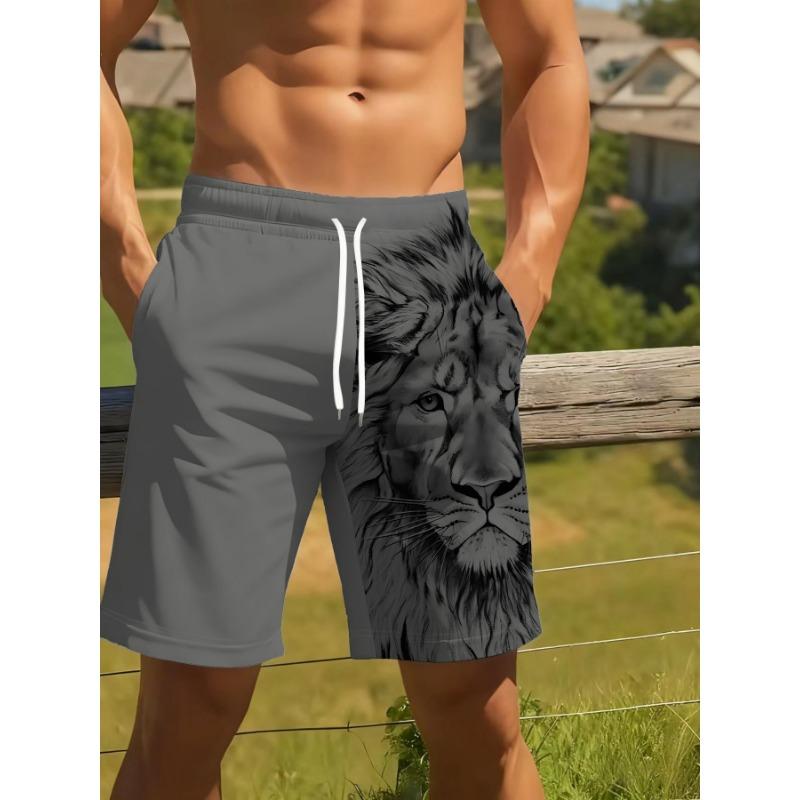 Men'S Summer Beach Shorts with 3D Lion Print, Drawstring Waist And Compression Lining - Perfect for Pool Parties And Vacations