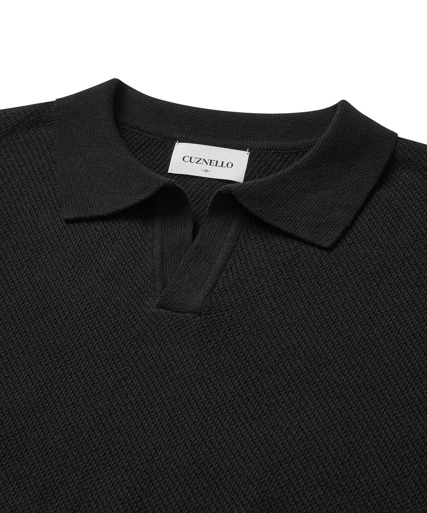 CUZNELLO Cool Cotton Open Collar Short Sleeve Knit_Black
