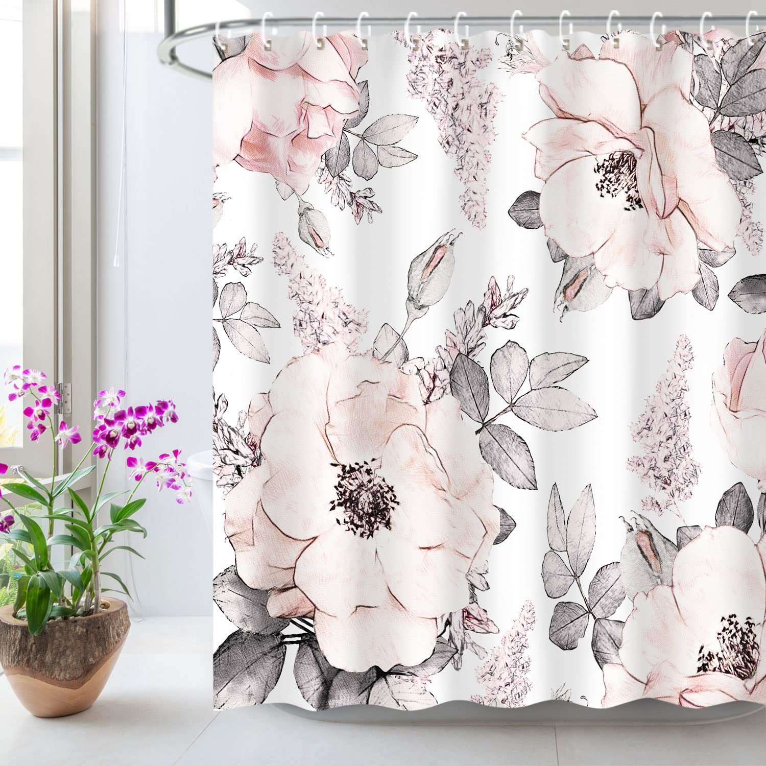 Hand Drawn Vintage Flowers Waterproof Fabric Shower Curtains for Bathroom, Magnolias Bathroom Curtains Bathtub Decor with Hooks W90xH180cm(35x70 in)