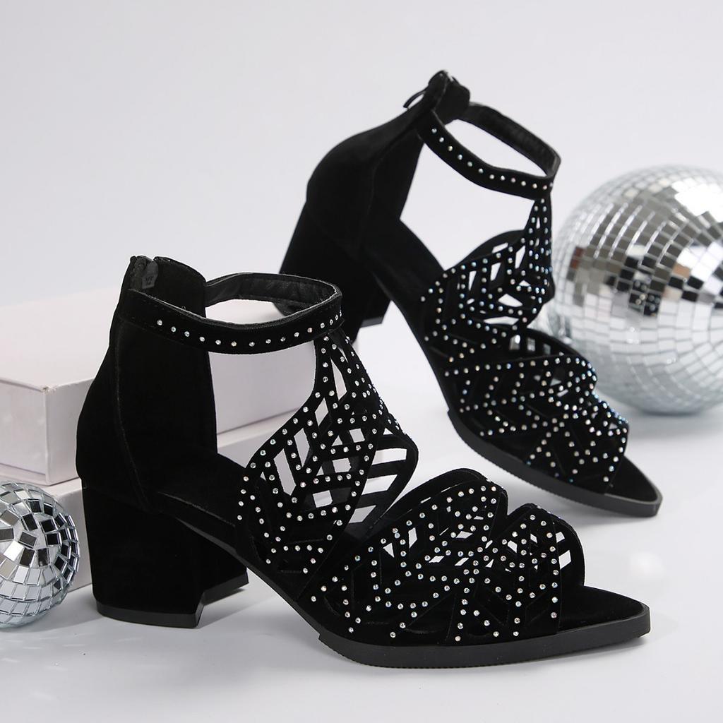 2025Fashion New Women's Summer Hollow Leather Water Diamond Thick Heel Comfortable Zipper Sandals Zapatos Mujer Primavera Verano