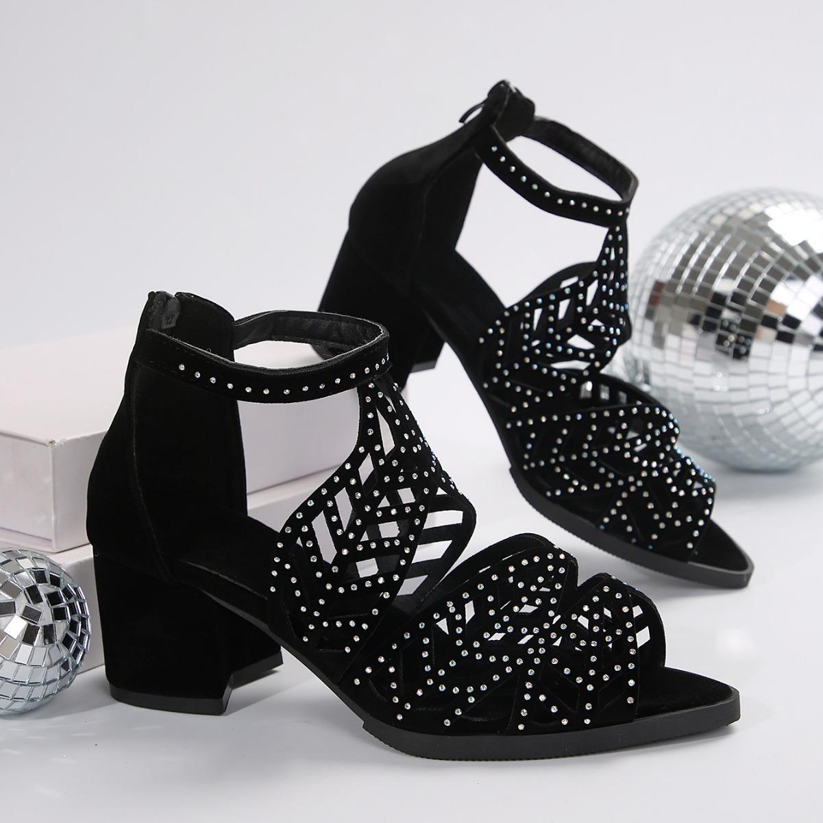 

Fashion 2025Fashion New Women s Summer Hollow Leather Water Diamond Thick Heel Comfortable Zipper Sandals Zapatos Mujer Primavera Verano 36 чёрный