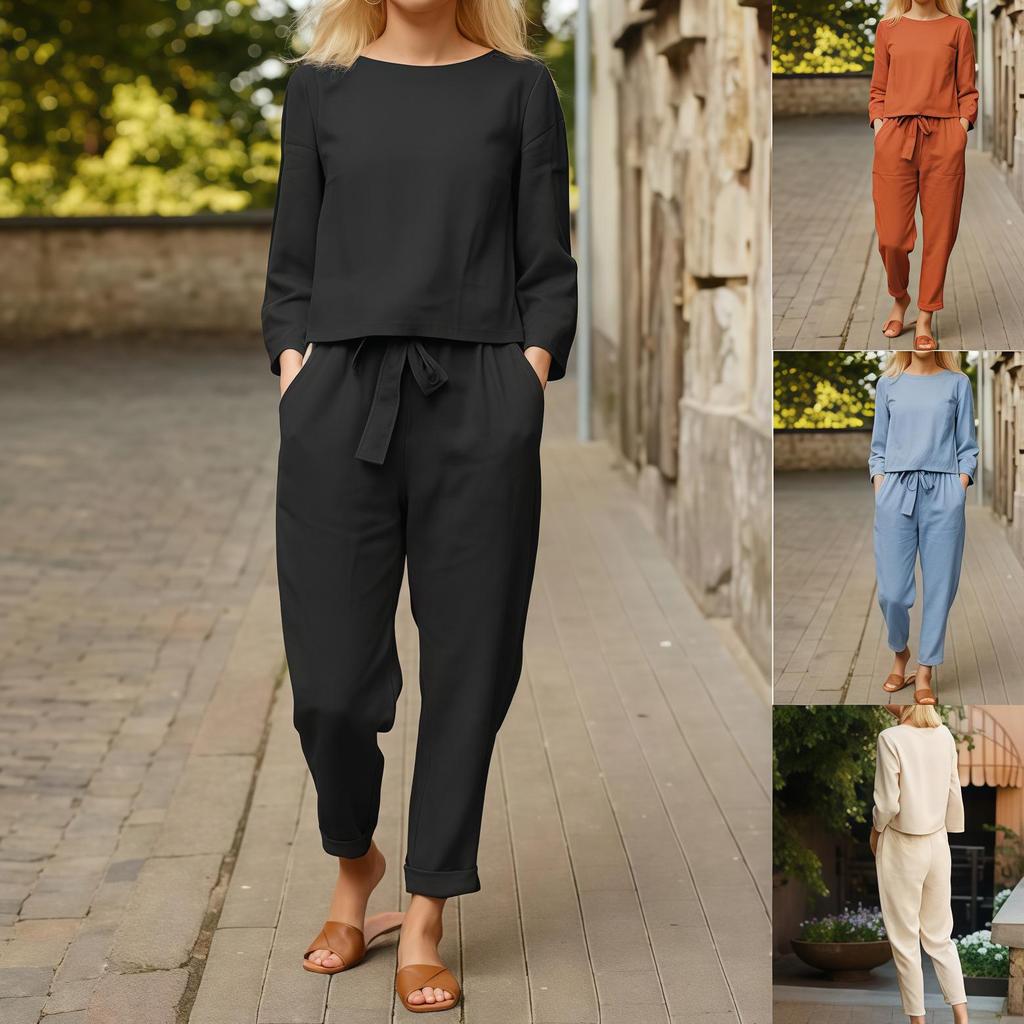 Women's Retro Linen Two-Piece Suit - Casual Spring/Summer Style with Elastic Waist and Drawstring