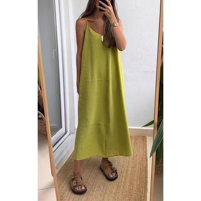 Summer Women's Loose Spaghetti Strap Dresses Women Solid Color V-neck Casual Commuting Sleeveless Long Dress Female Vestidos