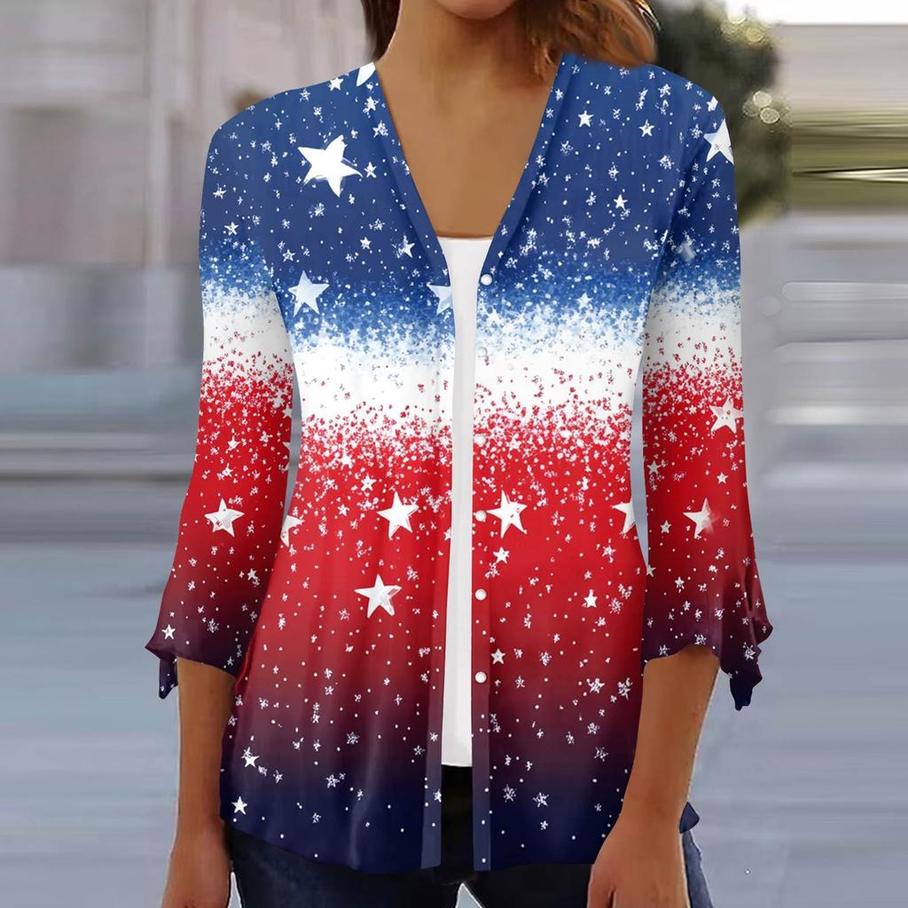 Women's Loose Casual Independence Day Printed Seven Sleeve Button Down Shirt Cardigan Top