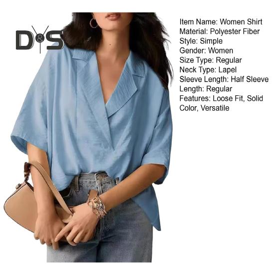 Dámská košile volného střihu s klopou, poloviční rukáv, jednobarevná, pulovr, topy v retro stylu, ležérní topy pro každodenní nošení