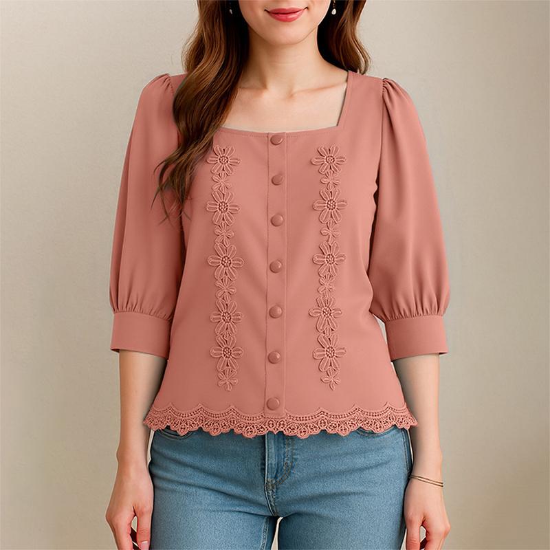 ZANZEA Women Square Neck Casual Flower Splice Summer 3/4 Sleeve Blouse