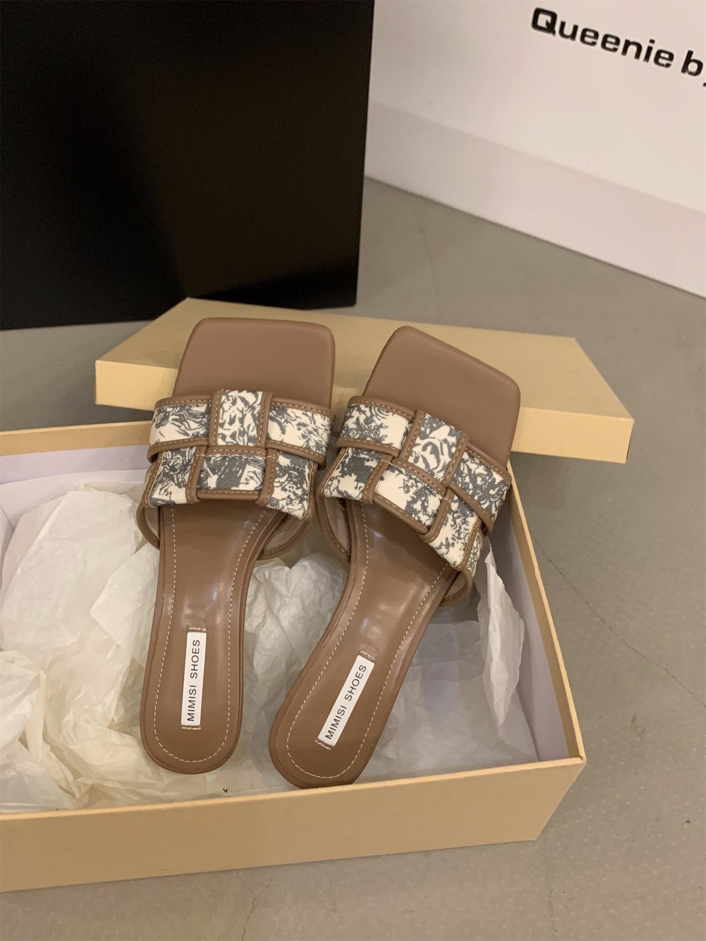 

Retro woven new Chinese style one-word cool slippers fairy shoes 2024 new summer wear high-heeled sandals 42 хакі