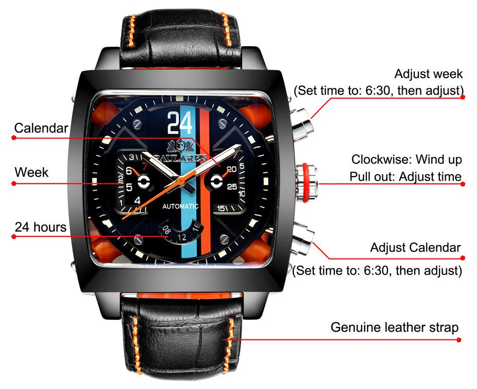Orologio Automatico Quadrato Luminoso da Uomo con Cinturino in Vera Pelle