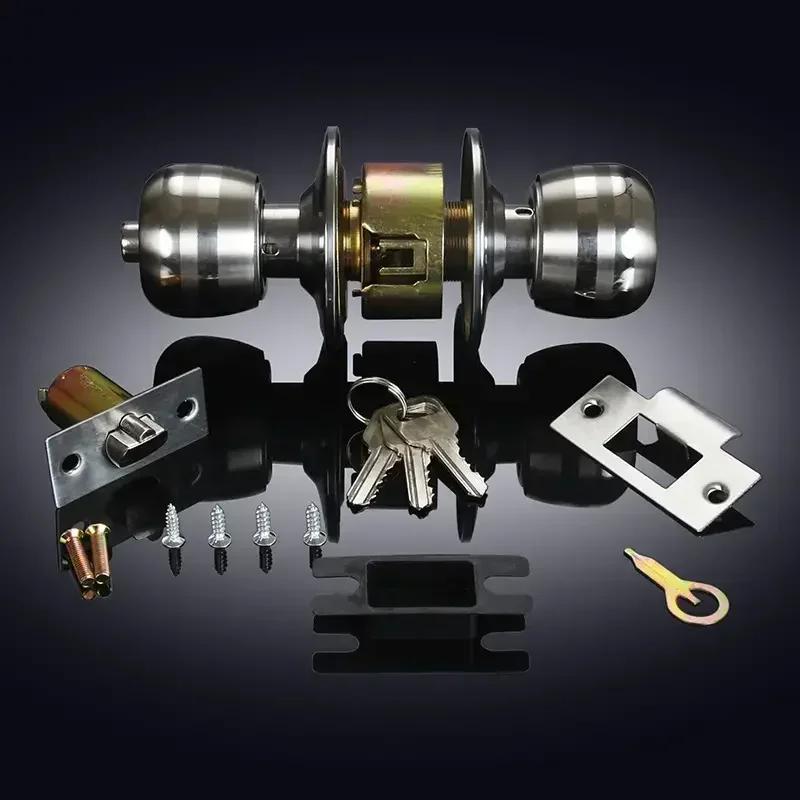Home Armored Door Handle With Lock For Room Accessories Stainless Steel Knobs Safety Round Entrance Bedrooms Doorknob Articles