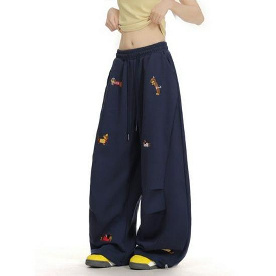 Unisex Retro Embroidered Puppy Wide Leg Pants - Lazy Style, Straight Leg, Crooked Knife Design for Spring and Autumn