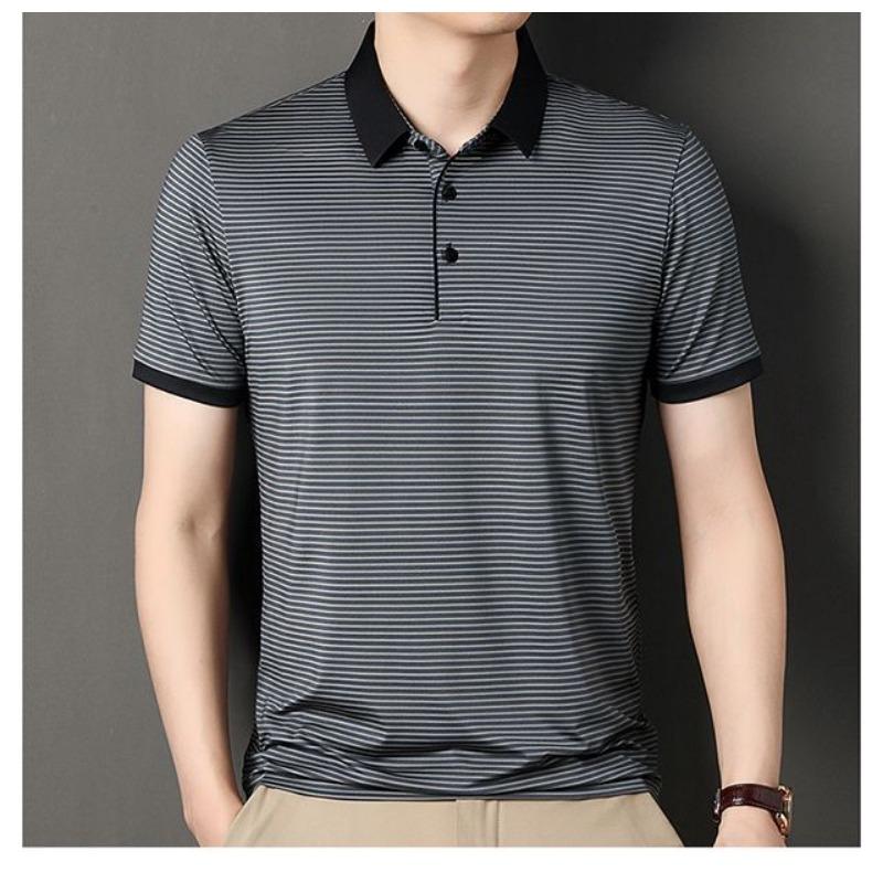 Herren Kurzarm Poloshirt Kontrastkragen Gestreiftes Muster Atmungsaktiv Lässig Business Oberteile
