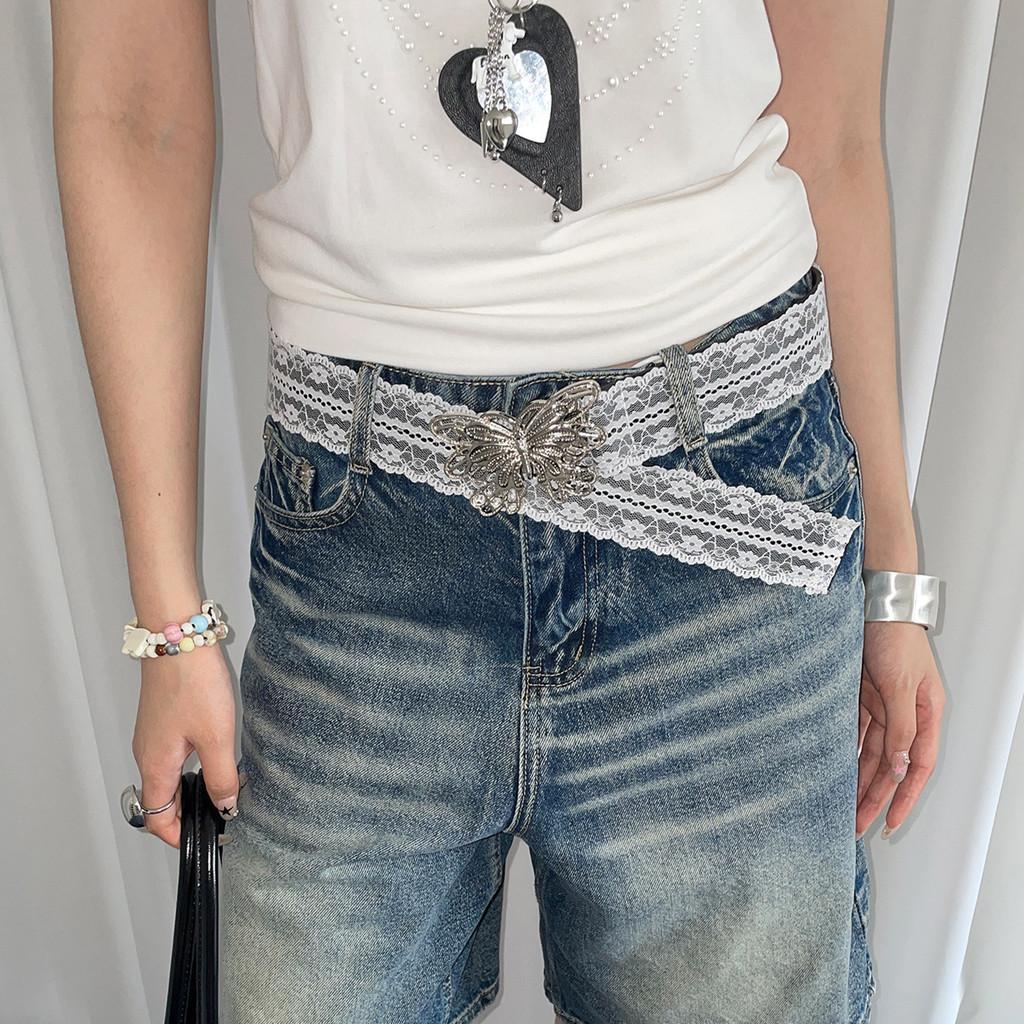 Silver Fashionable Butterfly Buckle Decor Women Casual White Lace Belt Waist