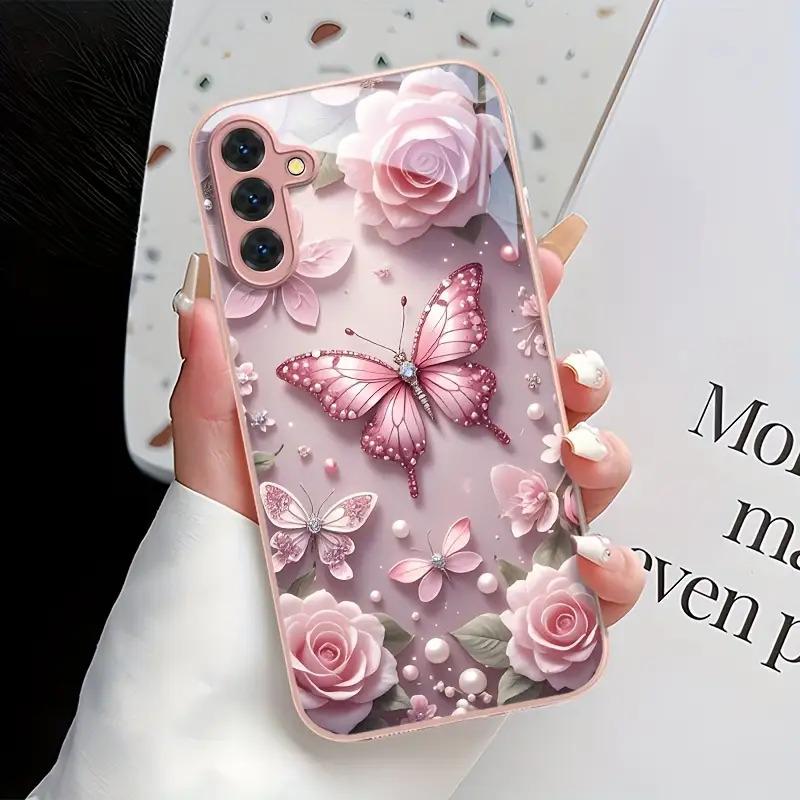 Pink butterfly patterned glass phone case suitable for Samsung Galaxy S26 S25 S24 S23 S22 S20 FE/Ultra/Plus anti drop back cover