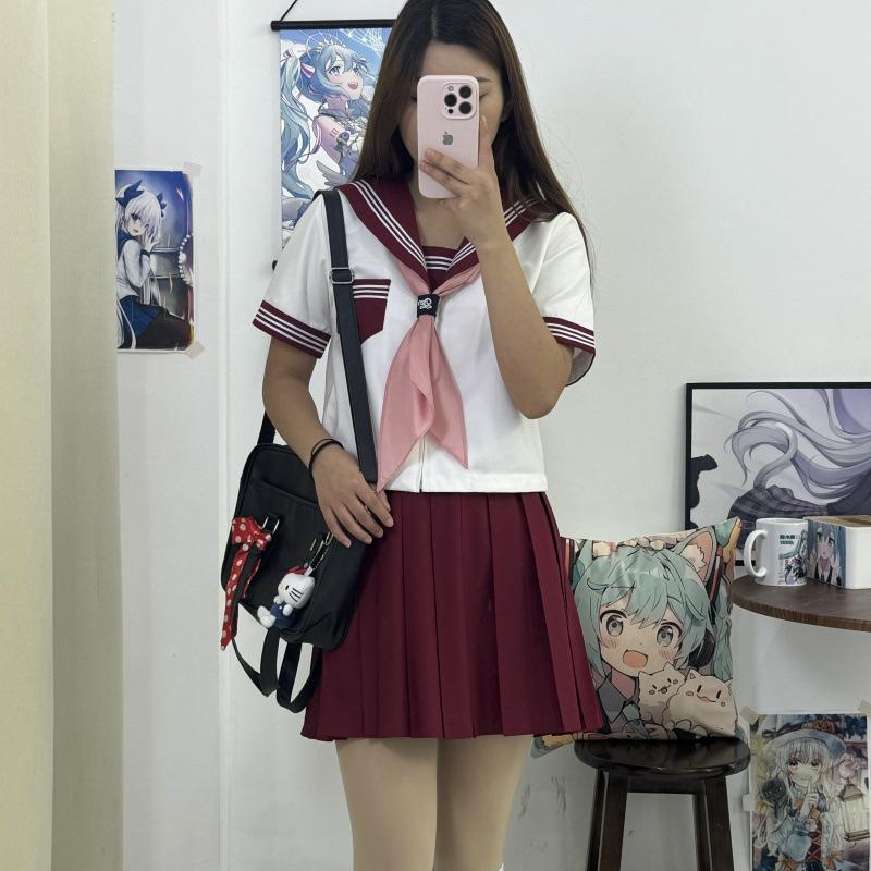 Authentic Japanese Sailor Suit: Red Collar, White Three-Stripe Academy Style School Uniform Costume Set for Women