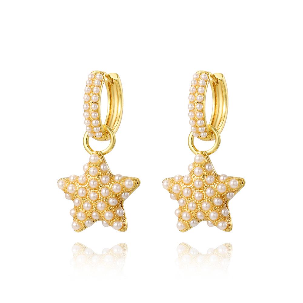 Pentagram Baroque Gold Faux Pearl Earrings: Square & Peach Heart Hoop Dangle - Women's Celebrity Style Jewelry