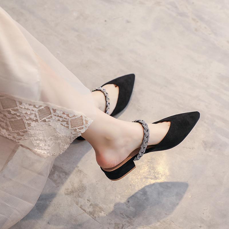 6374-5 Low heel outer wear fashion bag head half tray women's shoes single shoes cool slippers pointed half slippers women's pearl new