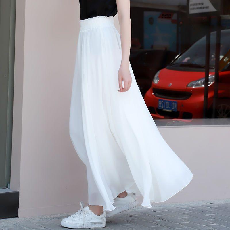 Black Chiffon Midi Skirt Long Summer Candy Color Flowy Elegant Women Skirt