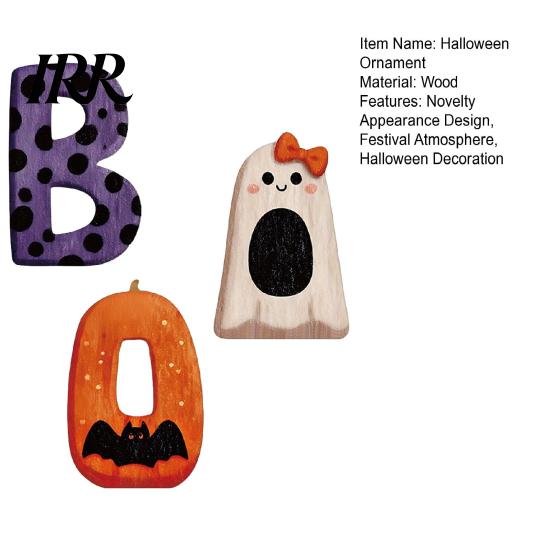 Halloween Ornament 3Pcs/Set Wooden Statues, Letter Bat Pumpkin Ghost with Bowknot Deisgn, Shape Decoration Desktop Ornaments, Holiday