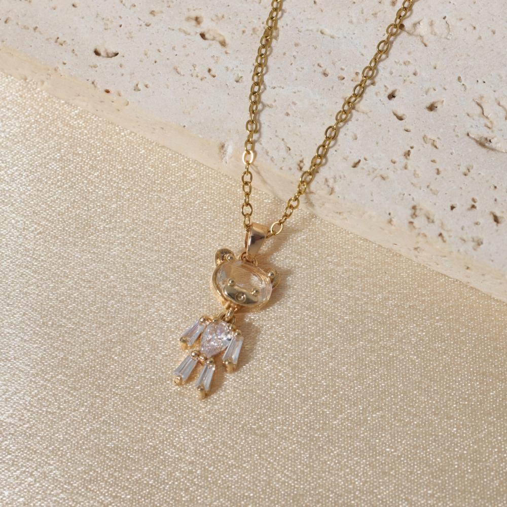 1 Piece Simple Artificial Crystal Bear Pendant Necklaces for Women Golden Stainless Steel Necklace Jewelry Daily Accessories
