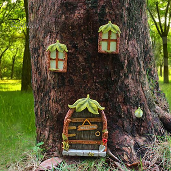 Fairy Garden Accessories 1 Set Door Windows And Lamp, Accessories, Miniature Elf Glow In The Dark Gnome House for Yard Tree Decoration Weatherproof