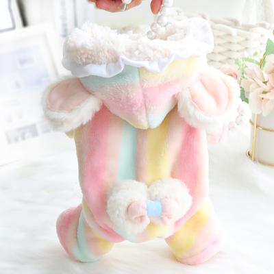 Pet Rainbow Bow Plush Four Legged Pants Autumn and Winter Clothes Jumpsuit Flannel Coat Thickened Princess Teddy Small Dog Pet