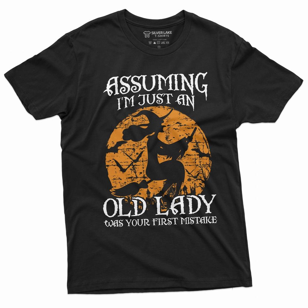 Halloween Funny Old Lady Witch T-Shirt Mens Womens Tees Top Womens Halloween Funny Costume Gifts