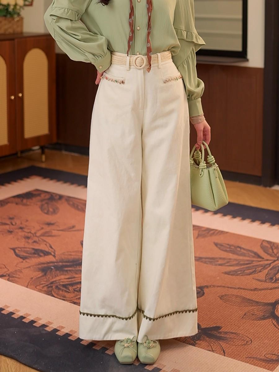 DaYuan SAD High Waist Embroidered Hem Straight Leg Pants for Women - Early Spring Slimming Casual #G11073 M грязно-белый