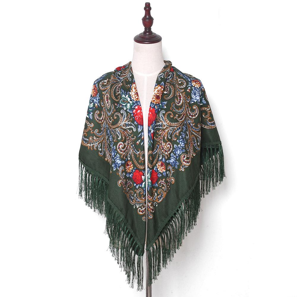 130*130cm Russian National Scarf Women Luxury Floral Bandana Fringed Ukrainian Shawl Big Size Handkerchief Babushka Head Wraps