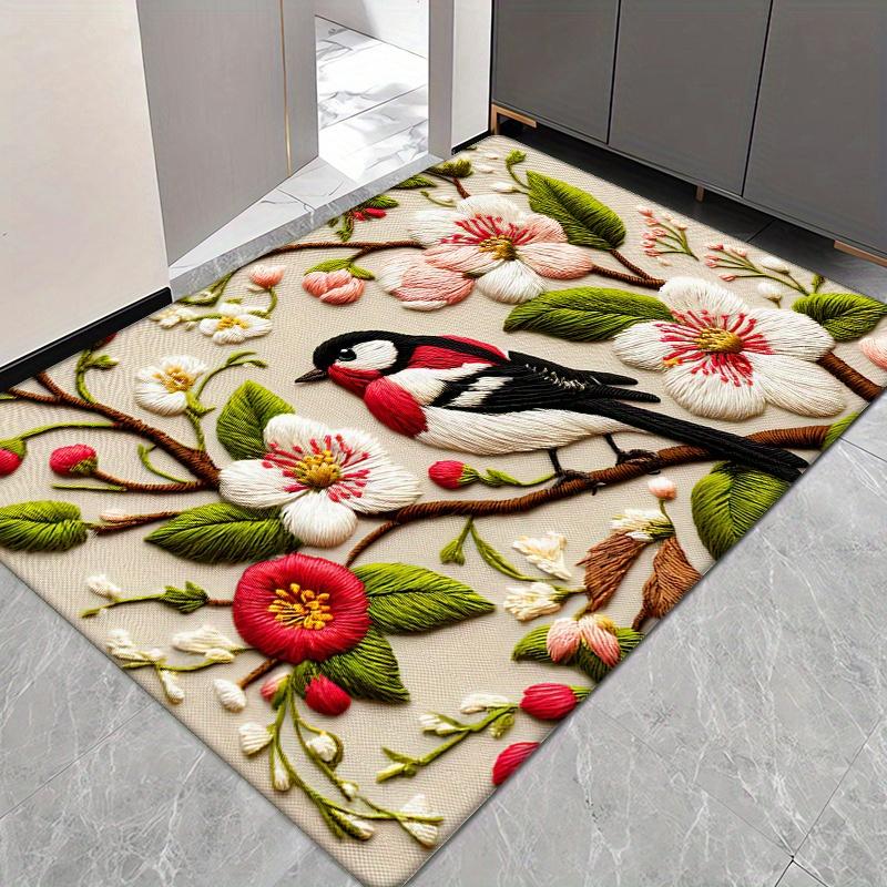 Sparrow Floral Area Mat Carpet, Red White Black Sparrow Design Non-Slip Absorbent  for Kitchen Bathroom Bedroom Decor