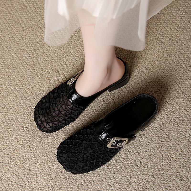 

Design sense Roman woven hollow bag head cool slippers 2025 summer new wear round head thick heel muller shoes women 44