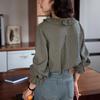 French retro V-neck ruffle edge plaid shirt women's design sense spring loose long-sleeved shirt with top