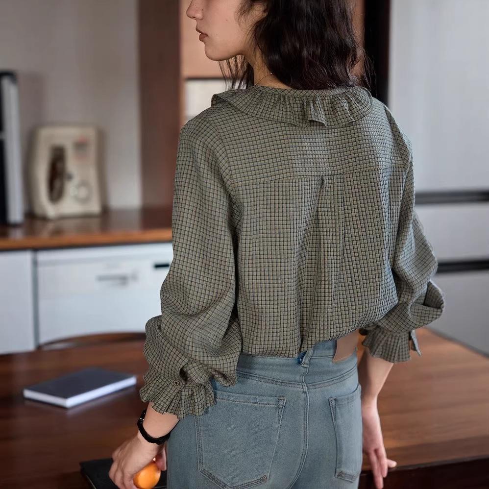 French retro V-neck ruffle edge plaid shirt women's design sense spring loose long-sleeved shirt with top