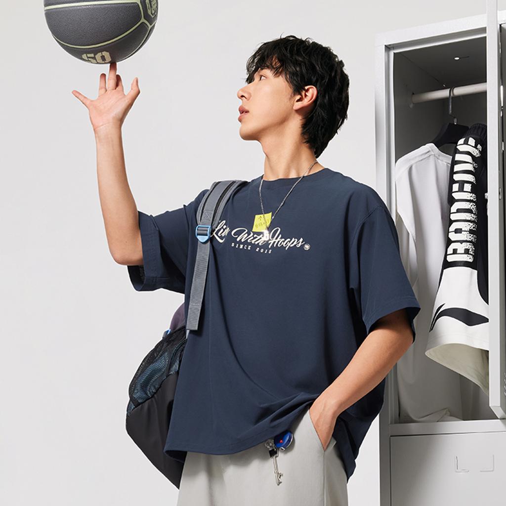 Li Ning Bad Five Letter Round Neck Breathable Versatile Loose Short Sleeve T-Shirt Men T-Shirts Deep-Navy-Blue AAFV005-2