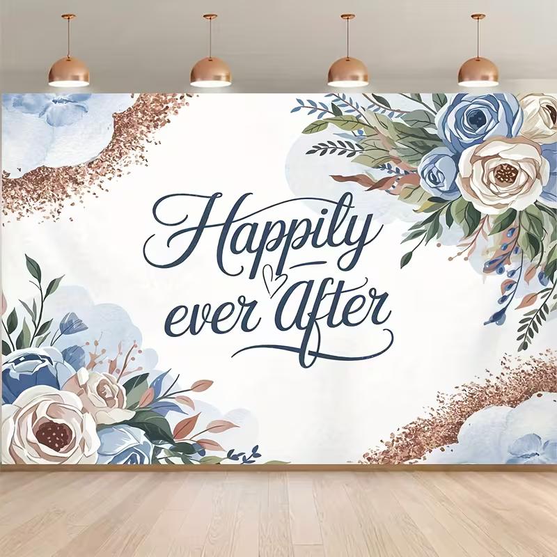2D Blue Floral Wedding Backdrop Happily Ever After Engagement Party Decor 47.2x31.5inch/120*80cm