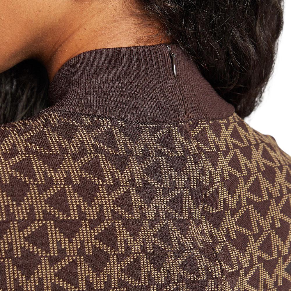 Michael Kors SS23 Allover Logo Jacquard Round Neck Knit Slim Fit Long Sleeve Dress Women dresses Chocolate MH180NV5KZ-201