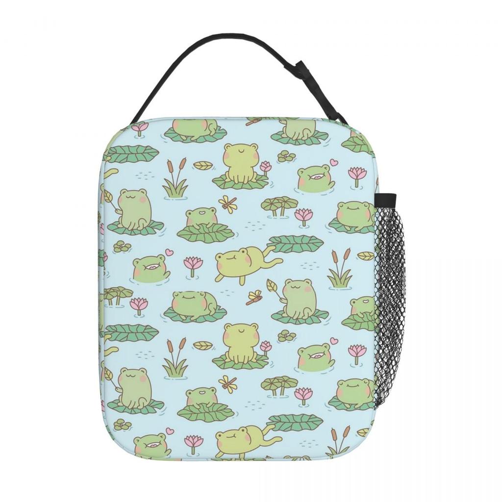 Sac à lunch isotherme motif grenouille mignonne de dessin animé sur feuilles de lotus pour femmes enfants Boîtes alimentaires portables Boîte à lunch thermique Sac fourre-tout
