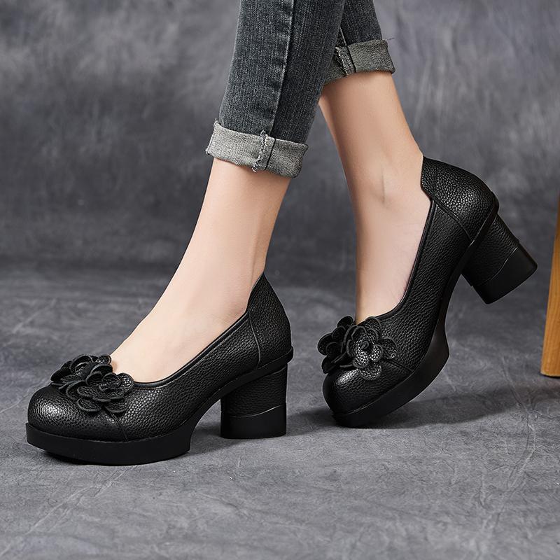 Mode GKTINOO 2025 Frühling Neu Ethnischer Stil Runde Zehe Hohe Absätze Schuhe Blume Plateau Retro Echtes Leder Pumps Damenschuhe