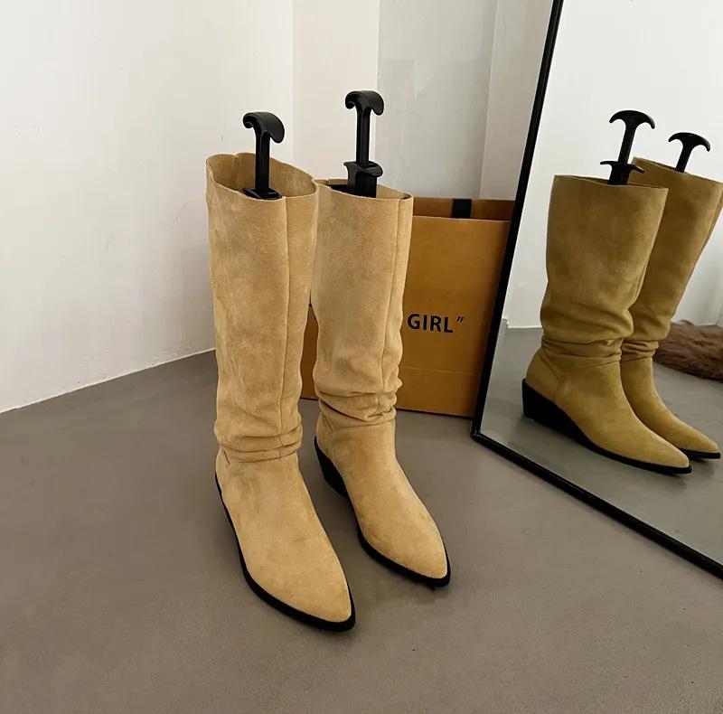Fashionable Long Tube Boots Women's French Vintage Stack Boot Pointed Toe Western Cow Velvet Interior Knee High Boots