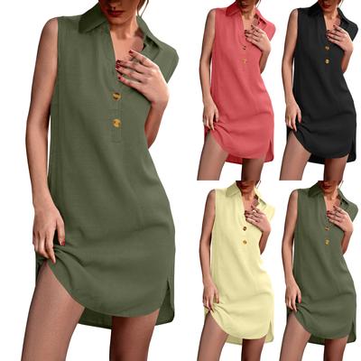 Women's Summer V-neck Button Sleeveless Tank Top Split Cotton Linen Dress