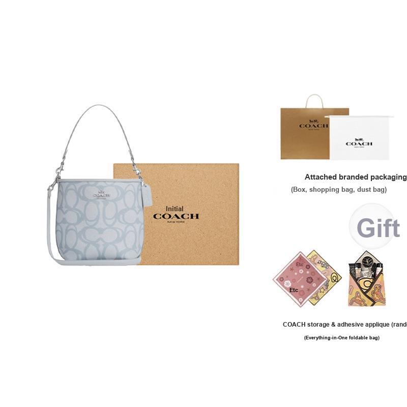 Coach City Bucket 17 Silver Metal Logo Removable Shoulder Strap Coated Canvas Bucket Bag Women Bags Ice-Blue CBH90-SVNB9