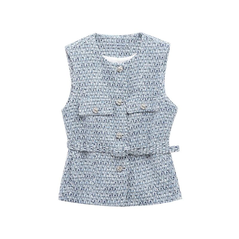 Spring and Summer New Women's Clothing Single-Breasted Flip round Neck Sleeveless with Belt Texture Vest 2132091