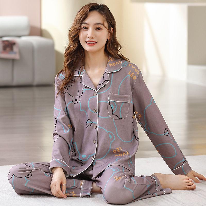 Women's Korean-Style Cartoon Pajama Set - 100% Cotton, Long-Sleeved, Suitable for Spring, Autumn, and Winter, with Cardigan for Home Wear.