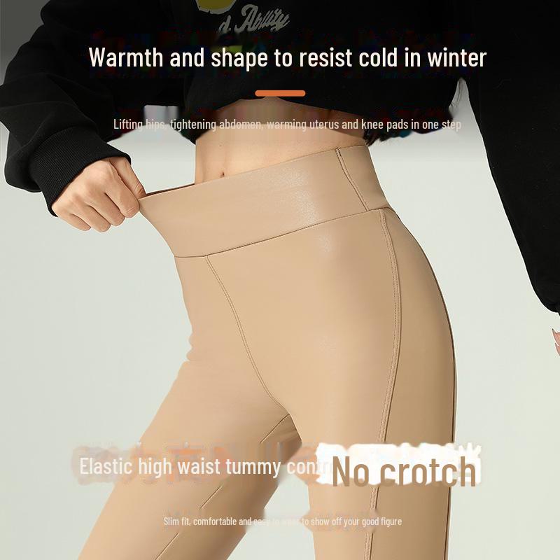 Dámské matné legíny z PU kůže s vysokým pasem a sametovou podšívkou - devítibodová délka, 2024.