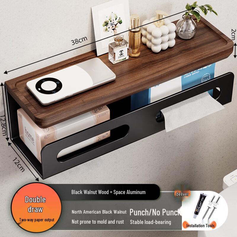 Walnut Wood Double Toilet Paper Holder, Gold Finish