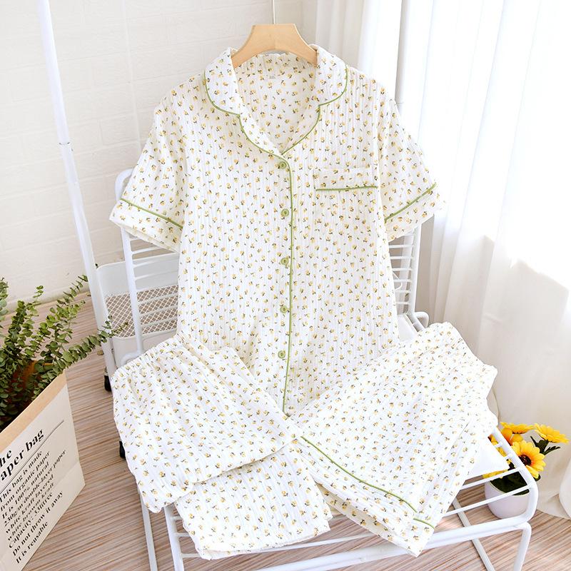Pajamas Suit Women's Cotton Three-piece Summer Short-sleeved Trousers Sweet Printed Girls Thin Air-conditioning Clothes Crepe Home Service