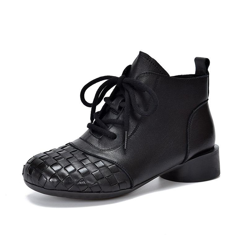 Johnature Genuine Leather Hand Woven Thick Heel Ankle Boots Retro Soft Sole Versatile Women's Shoes