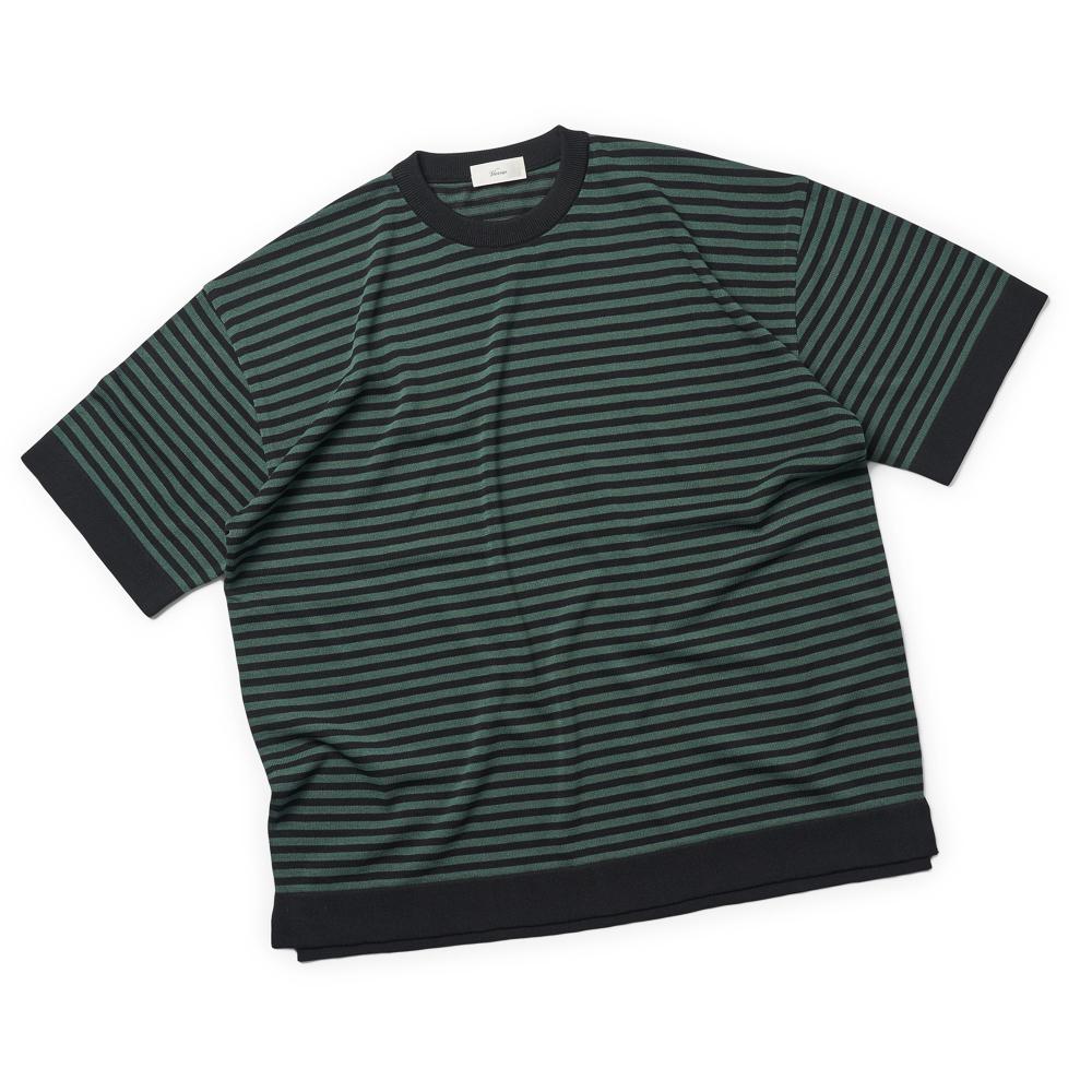 Berno [Casual] Linen Like Short Sleeve Stripe Round Knit Black&Green M