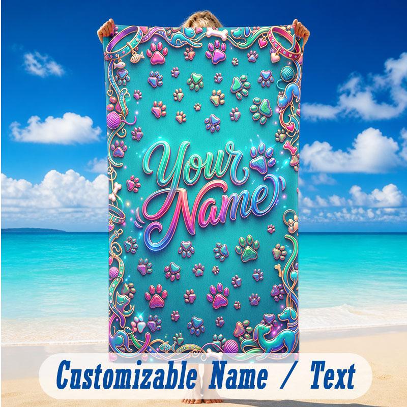 Dog Theme Beach Towel Personalized Custom Name & Text Soft Quick Dry Beach Towel for Swimming Travel