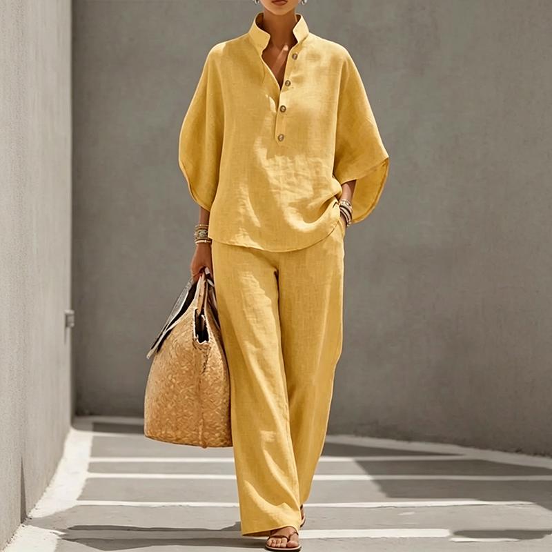Women'S 2 Piece Linen Outfits Flare Sleeve Pullover Shirt Top And Wide Leg Pants Set Casual Loungewear Vacation Tracksuit